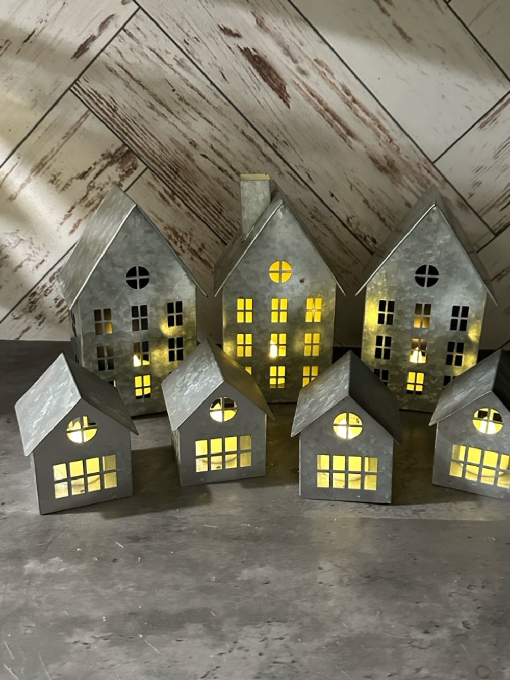 Set of Decorative Metal light up Houses - Galvanized Finish